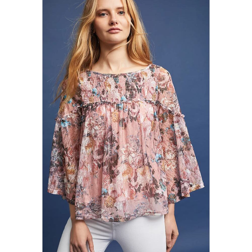Anthropologie Akemi + Kin Patrizia Floral Blouse Size XS Pink Lace Peasant Top - Picture 13 of 13